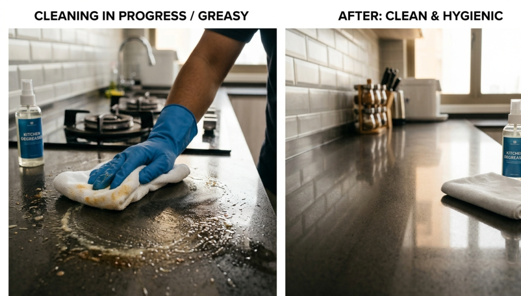 Cleaning kitchen grease from stovetop after Malaysian cooking